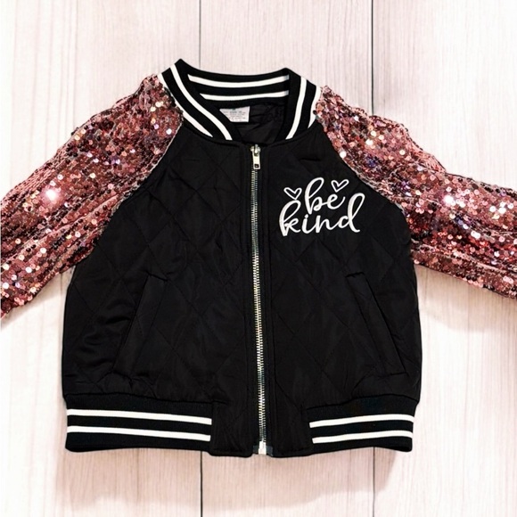 Girls Black Bomber Jacket Pink Sequin Sleeves Be Kind Graphic Sparkly Sm NIP - Picture 9 of 15